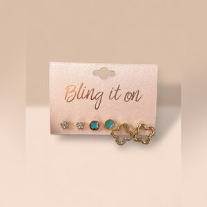 Gold and Turquoise Flower Earrings Set